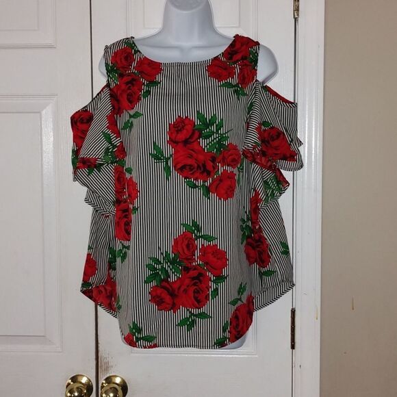 Time To Bloom Rose and Striped Print Cold Shoulder Top Sz 1X - Picture 1 of 4
